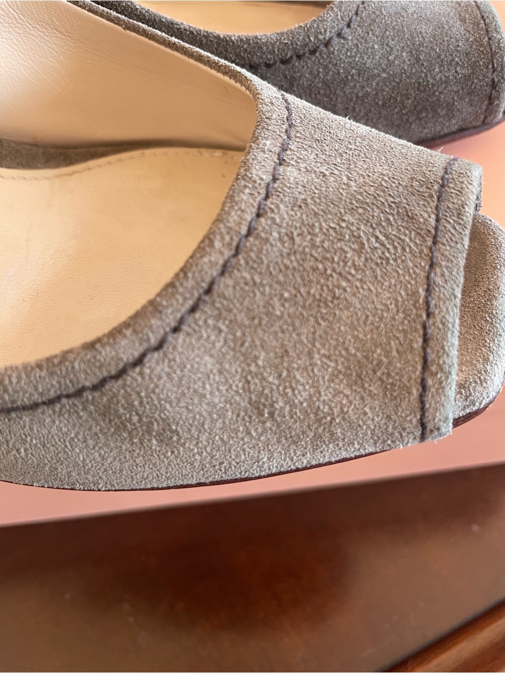 Prada Taupe Suede Wedge Slingback Peep-Toe Heels with Gold Buckle